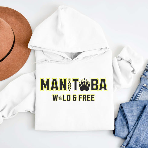 Get ready to embrace your inner wild with this Manitoba hoodie, featuring a bear paw for the ‘O’ and wheat for the ‘I’—because nothing says ‘wild and free’ like a province where bears and wheat fields both thrive.